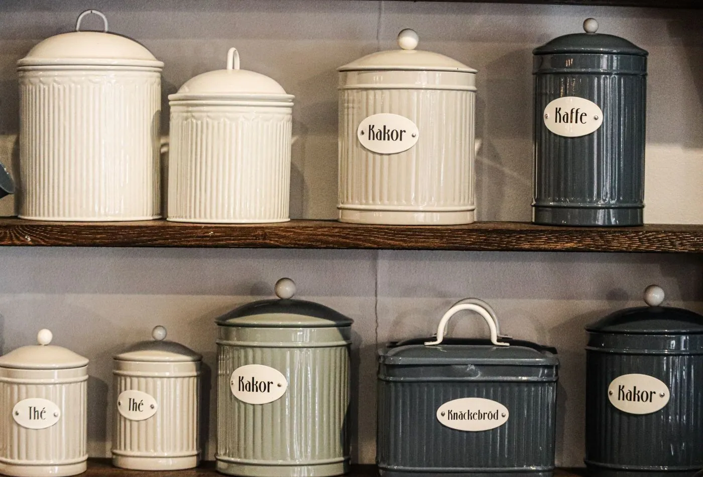 Kitchen storage jars and containers on shelves